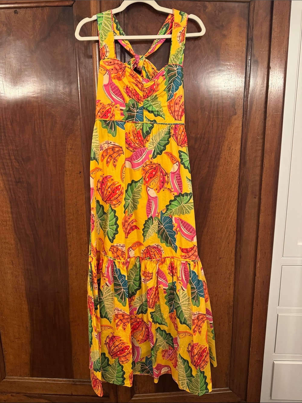 FARM Rio Yellow Tropical Print Maxi Dress with Green and Pink Accents